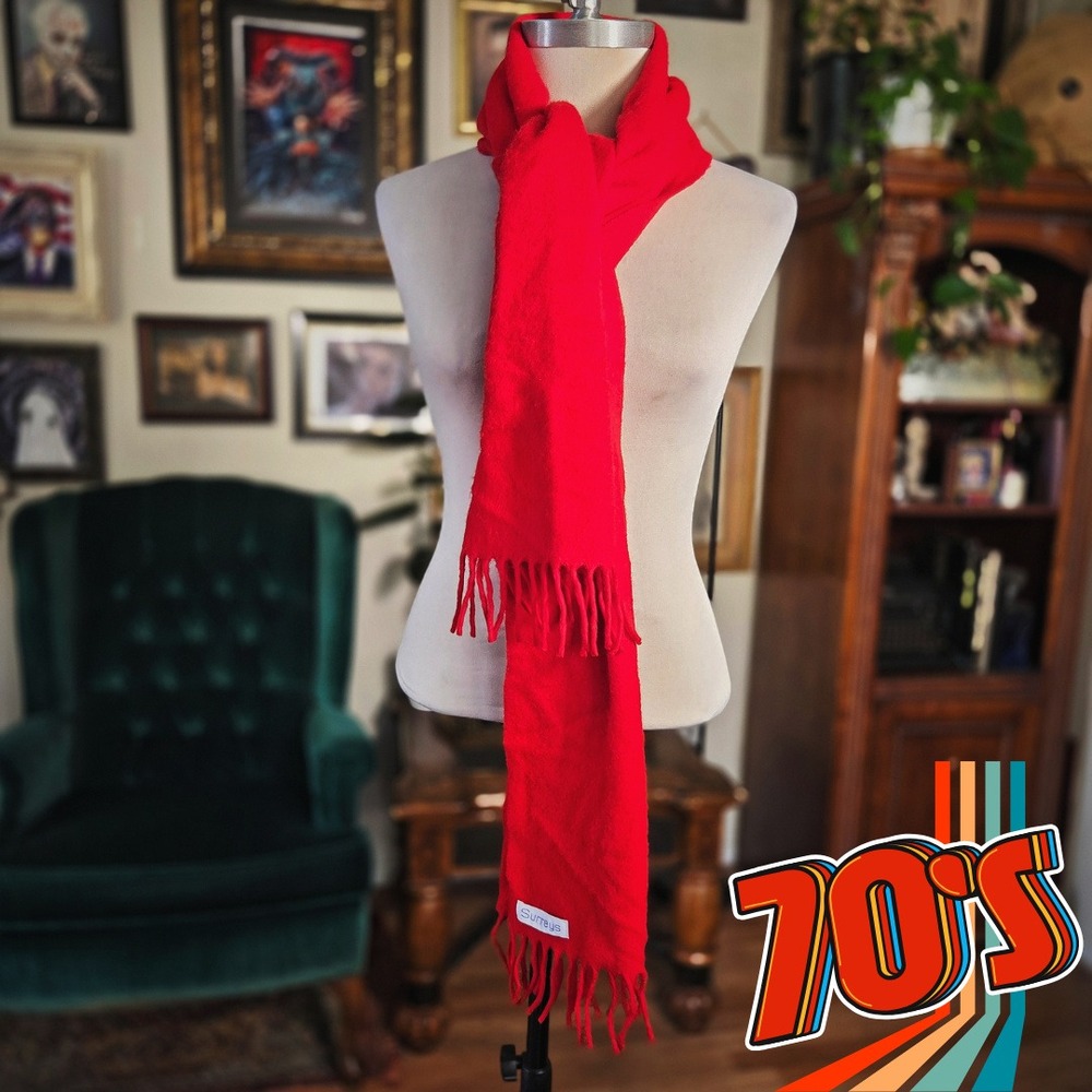Prochownick Surreys Scarf Red Wool Vintage 70s Made Italy Fringe Winter Unisex